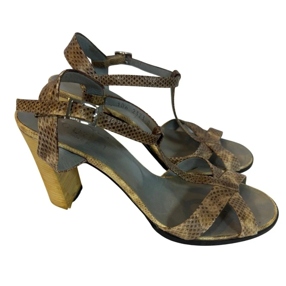 Gucci Womens Snakeskin Embossed T-Strap Block Heel Sandals Brown Tan Size 9